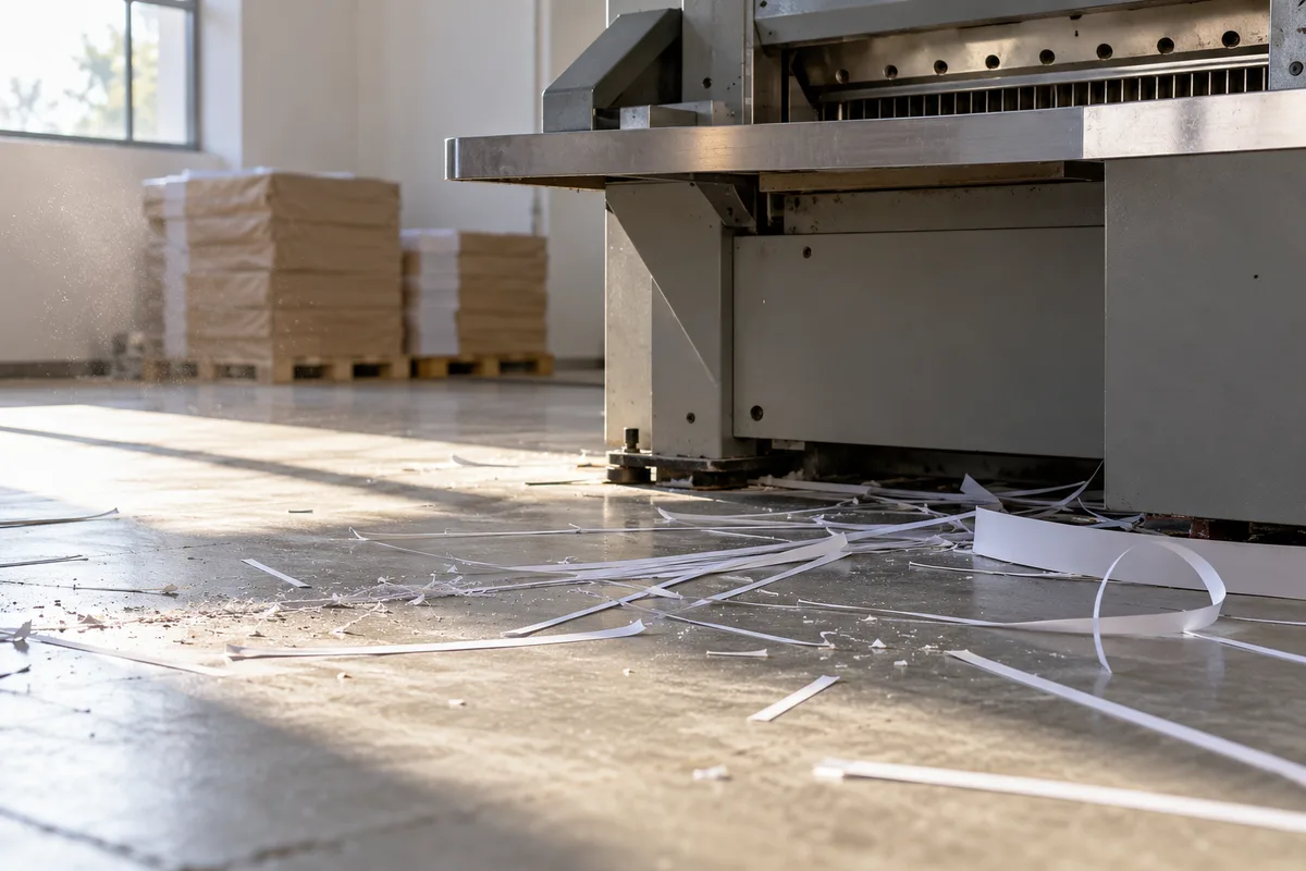 Fines rognures de papier blanc tombées au pied d&rsquo;un massicot gris dans un atelier d&rsquo;impression éclairé en lumière rasante