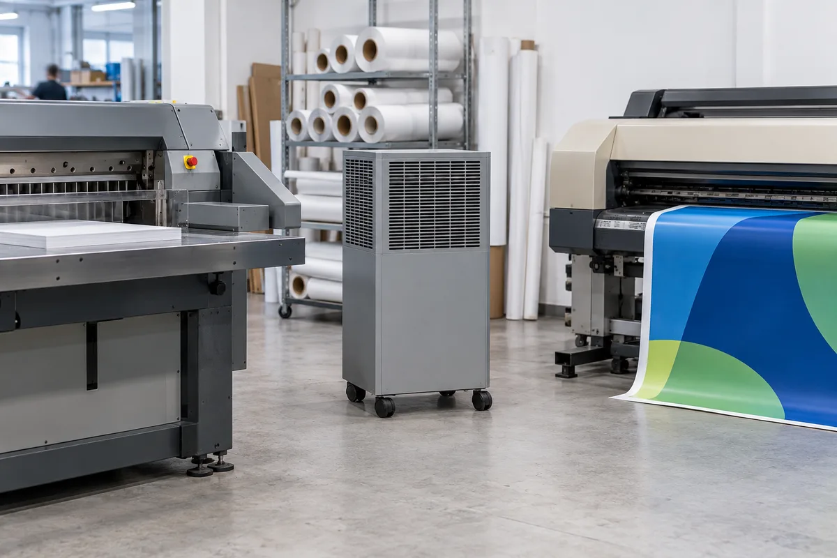 Purificateur d&rsquo;air mobile gris uni sur roulettes placé entre un massicot et une imprimante grand format dans un atelier d&rsquo;impression