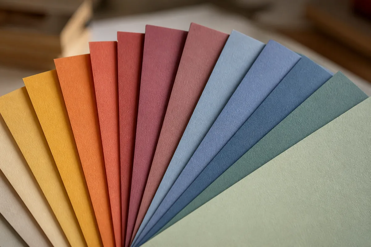 Nuancier de papiers colorés déployé en éventail sur un plan de travail d&rsquo;atelier graphique