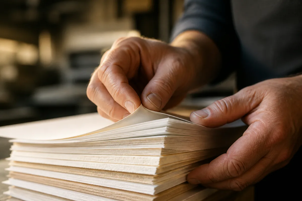 Mains d&rsquo;artisan feuilletant une pile d&rsquo;échantillons de papiers vierges de grammages différents
