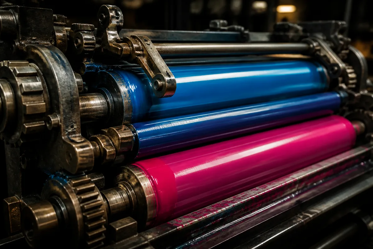 Détail des rouleaux encreurs d&rsquo;une presse offset en fonctionnement dans un atelier d&rsquo;impression