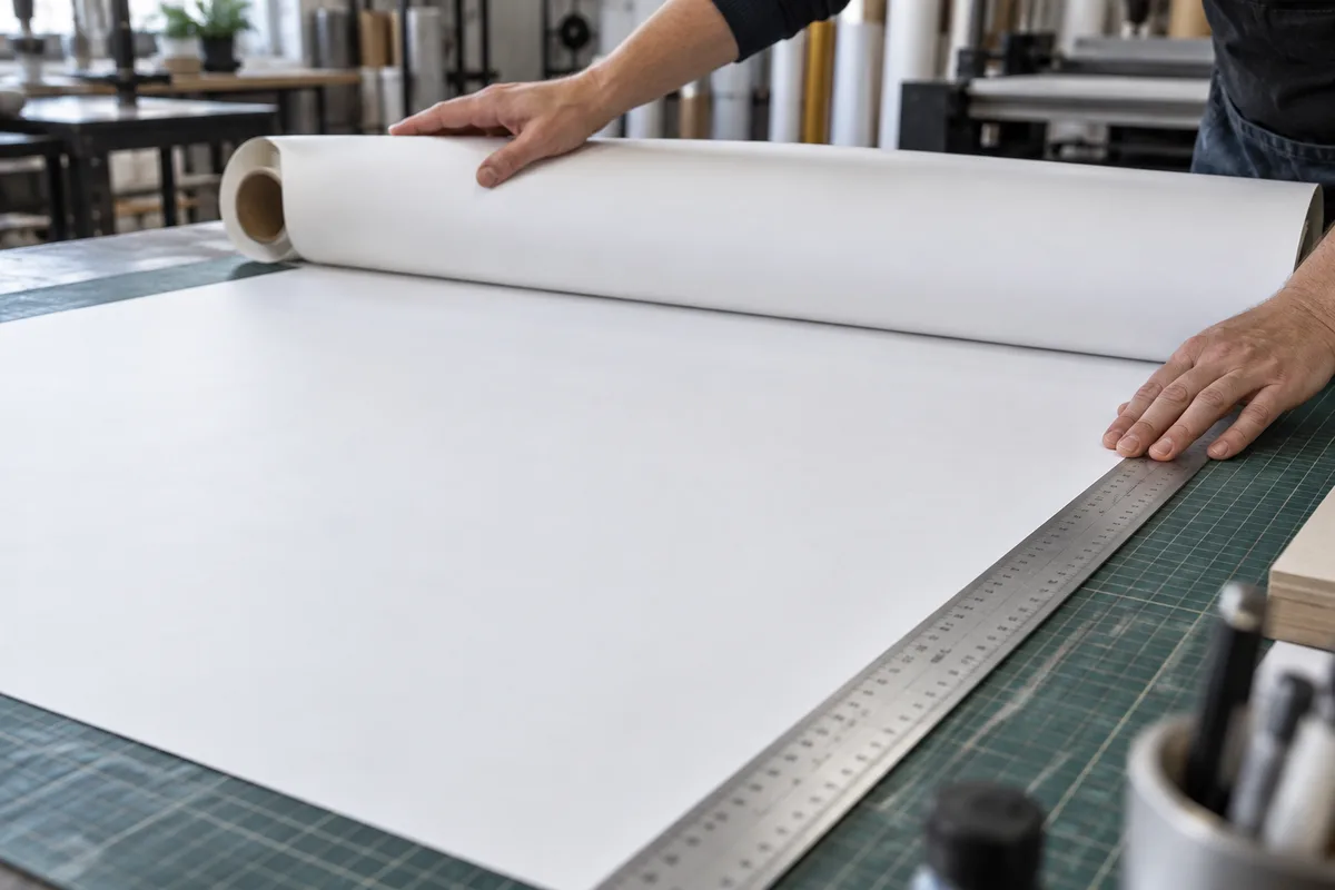 Mains déroulant une grande feuille vierge sur une table de découpe le long d’une règle métallique