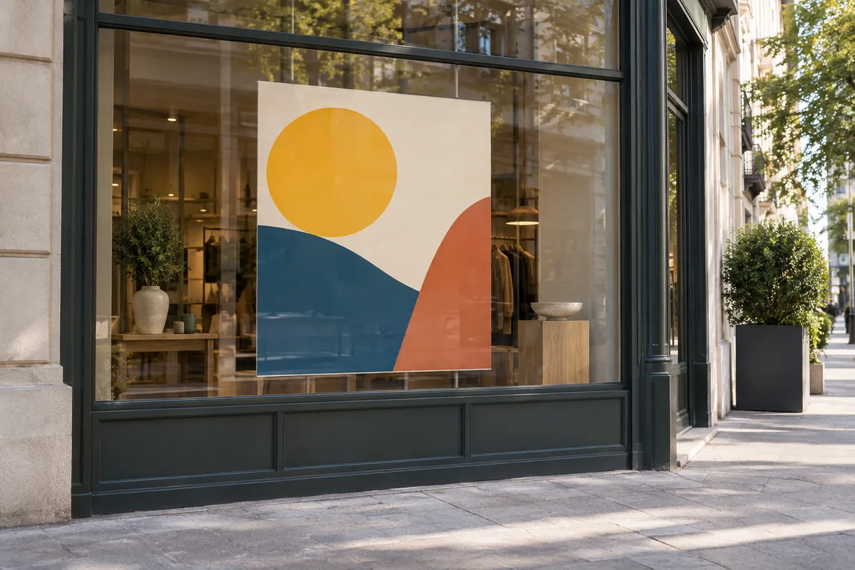 Vitrine de boutique vue du trottoir avec une grande affiche aux aplats de couleur unis derrière la vitre