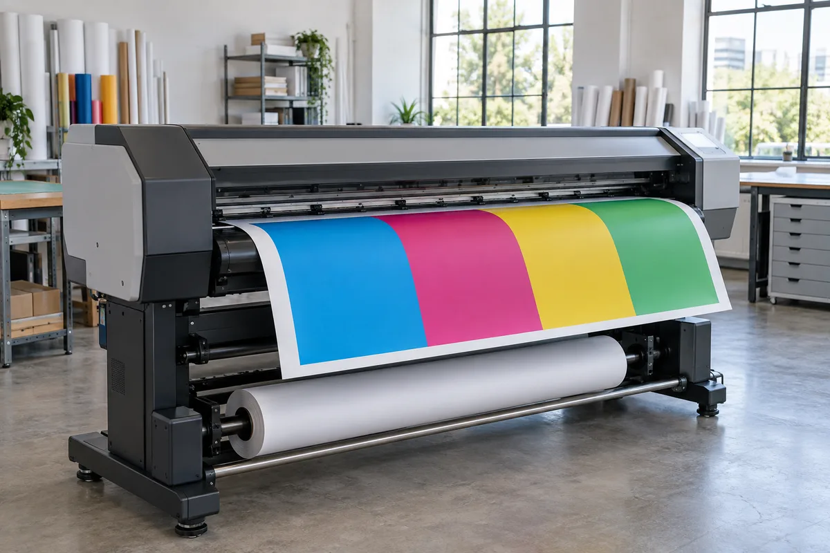 Traceur grand format sortant une feuille aux aplats de couleur unis à côté d’un rouleau de papier