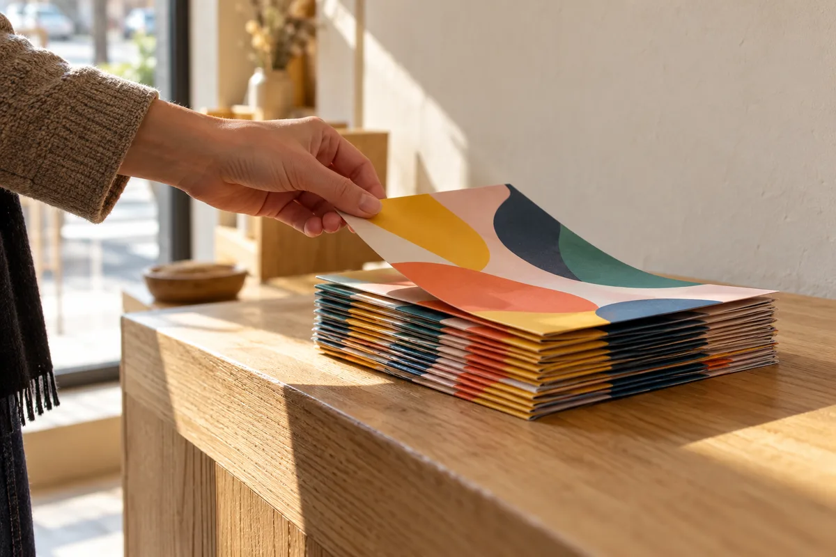 Main prenant un dépliant aux motifs abstraits sur un comptoir de boutique en bois clair