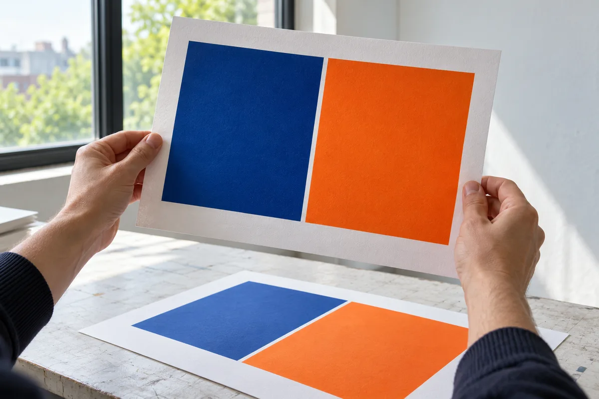 Mains tenant une épreuve aux aplats colorés unis devant une fenêtre, au-dessus d&rsquo;un tirage sur papier mat