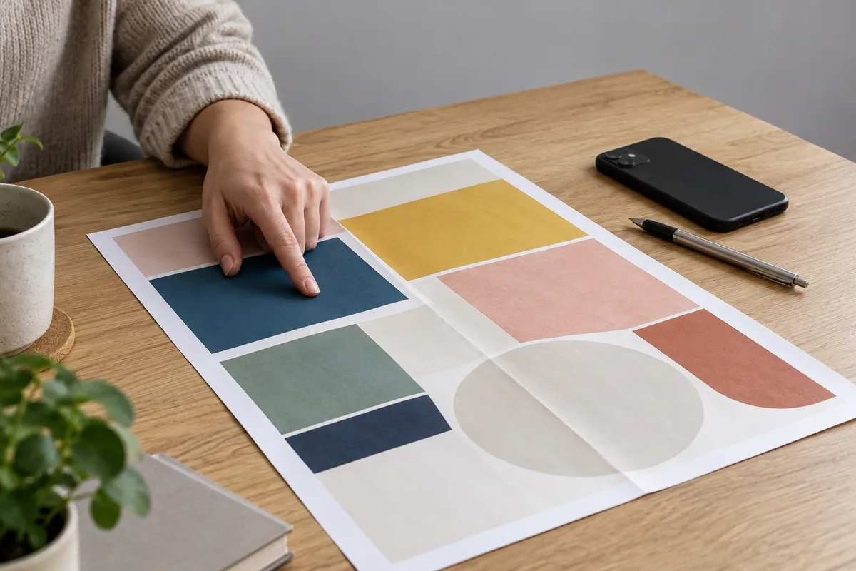 Main posée sur une épreuve aux blocs colorés, près d&rsquo;un téléphone retourné et d&rsquo;un stylo