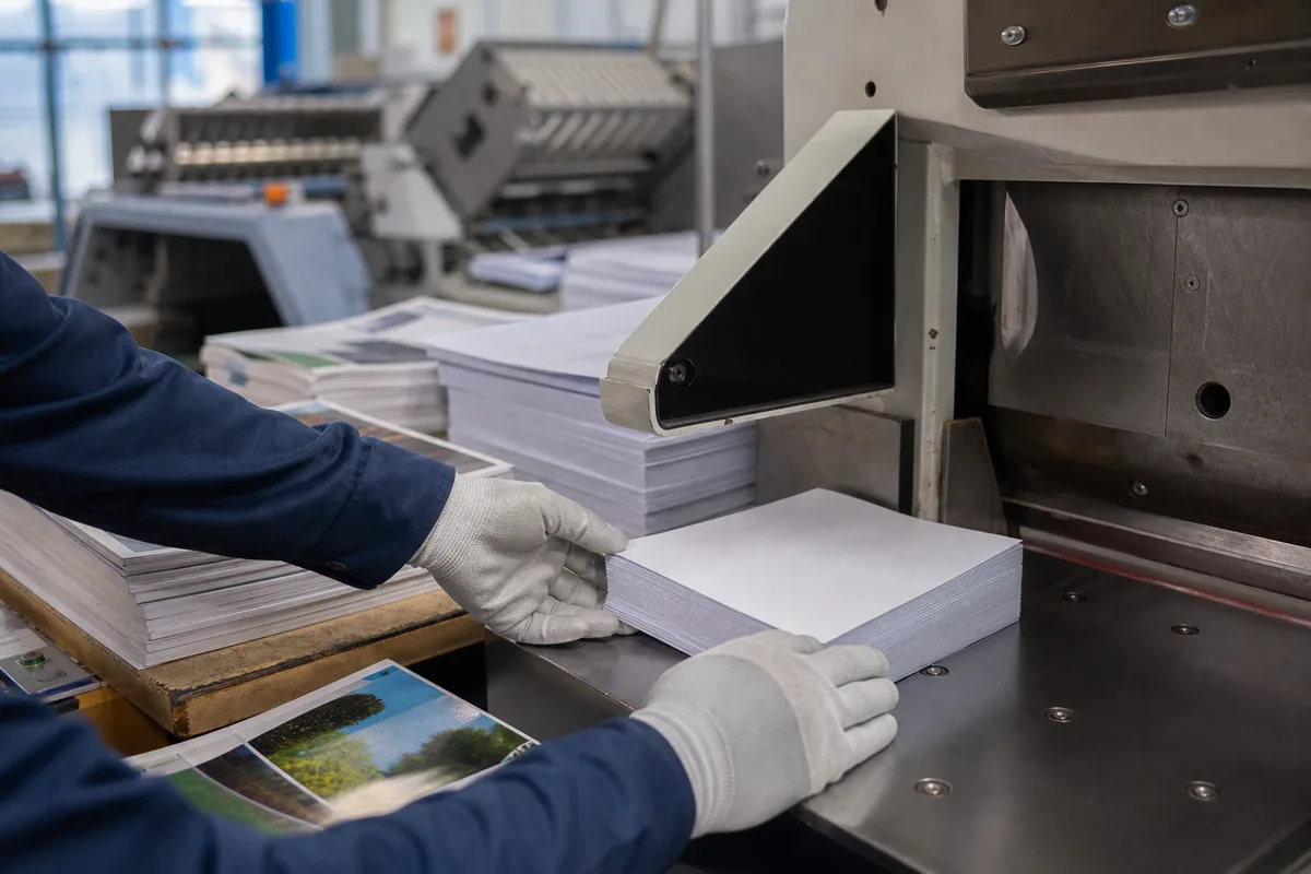 Atelier de façonnage avec massicot, piles de brochures et matériel de reliure