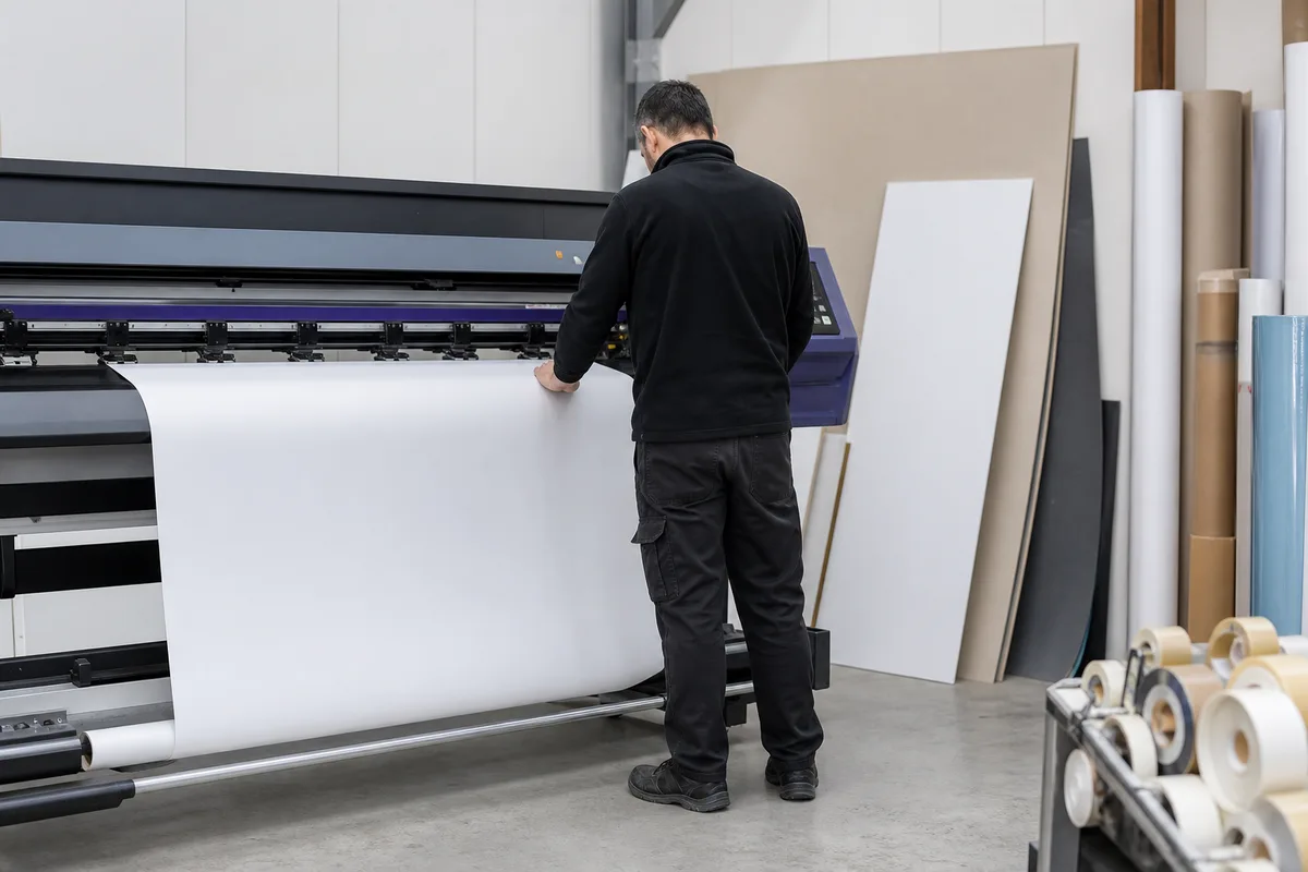 Imprimante grand format déroulant une bâche de signalétique dans un atelier de communication visuelle