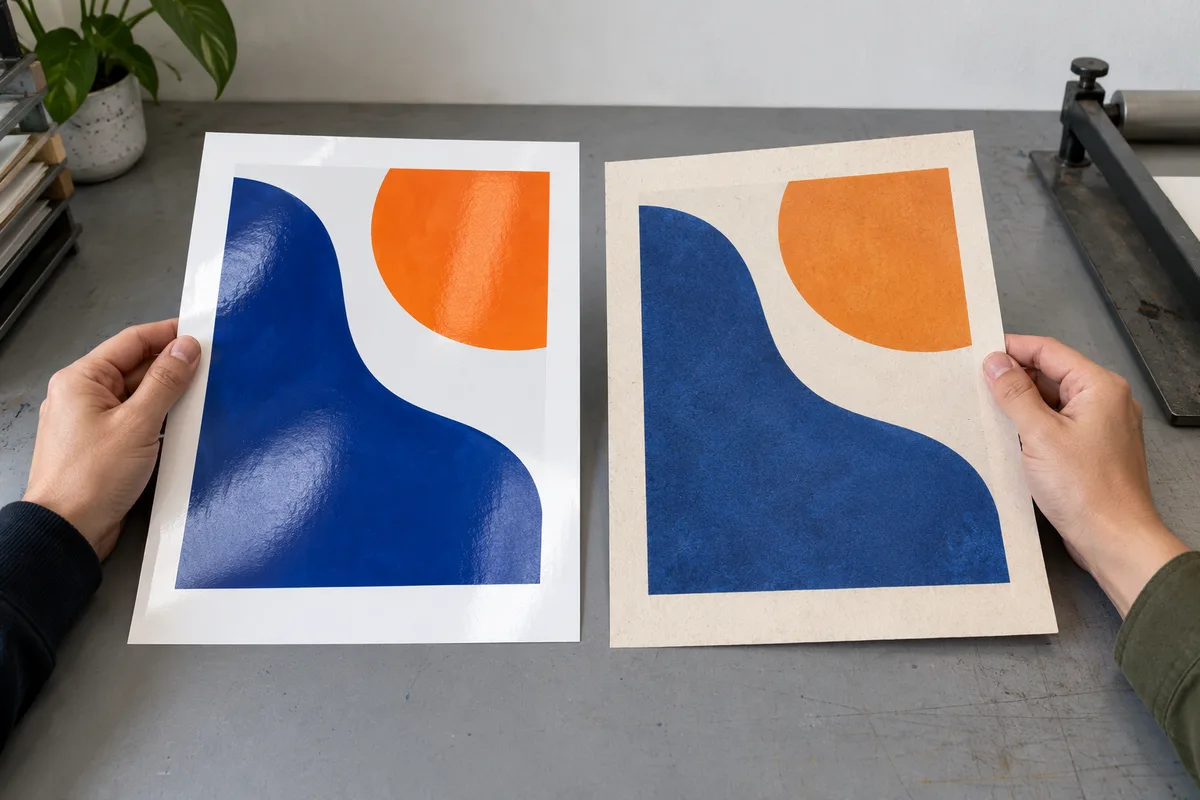 Deux épreuves d&rsquo;un même visuel sur papier couché blanc et sur papier recyclé crème