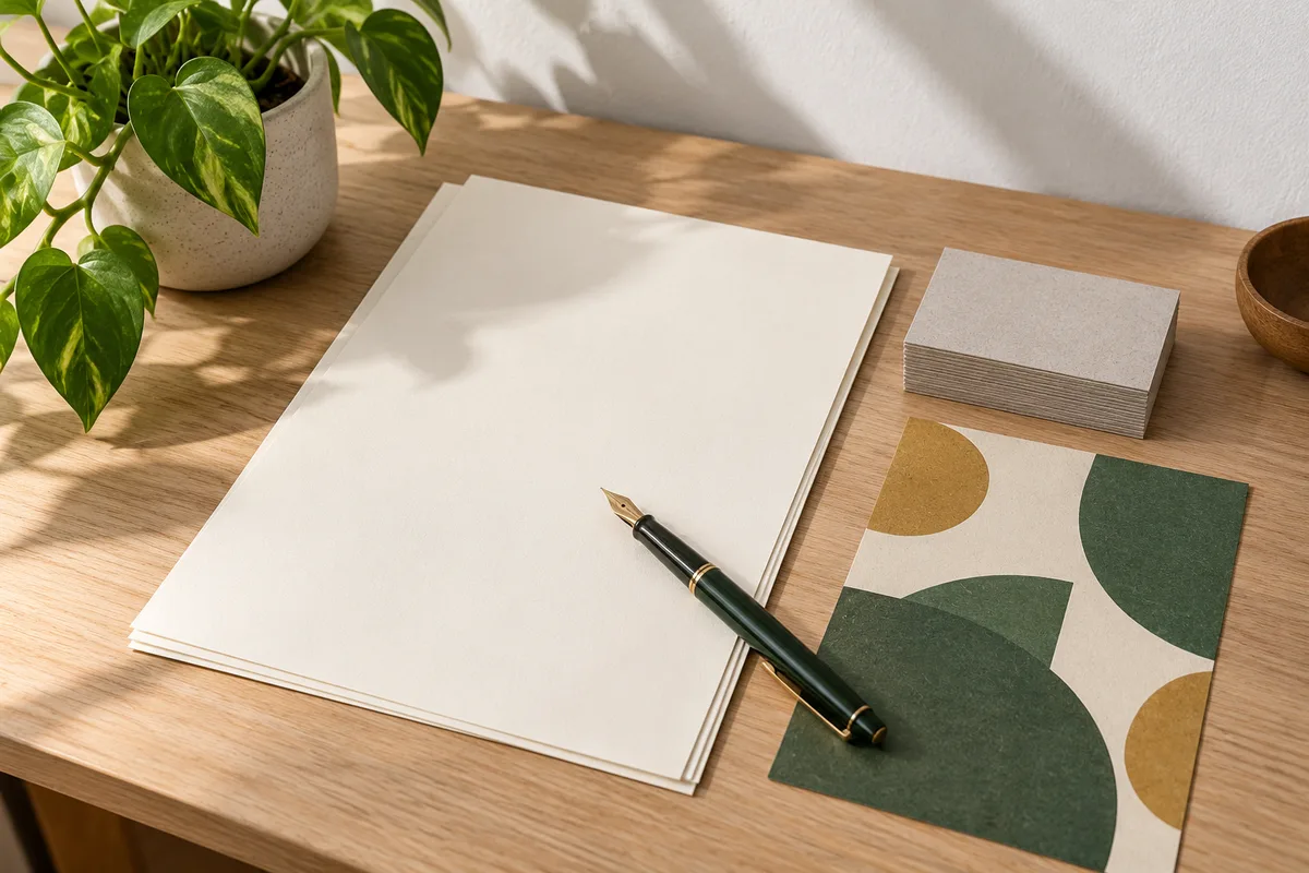Papier à en-tête, cartes de visite et flyer en papier recyclé réunis sur un bureau