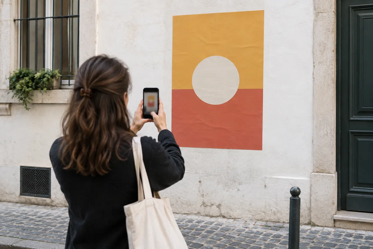 Personne de dos levant un téléphone face à une affiche aux aplats de couleur unis dans une rue calme
