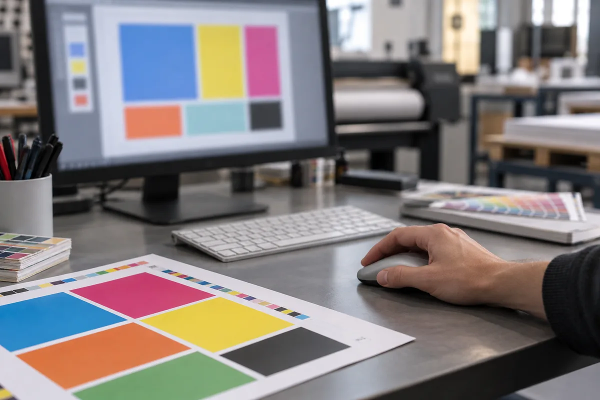Écran de prépresse flou montrant une maquette en blocs de couleur à côté d’une épreuve papier