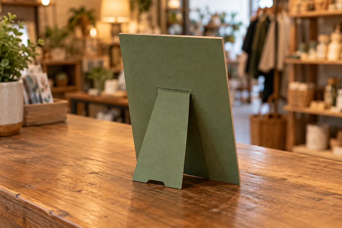 Petit chevalet de table en carton coloré vu de dos sur un comptoir en bois d’une boutique