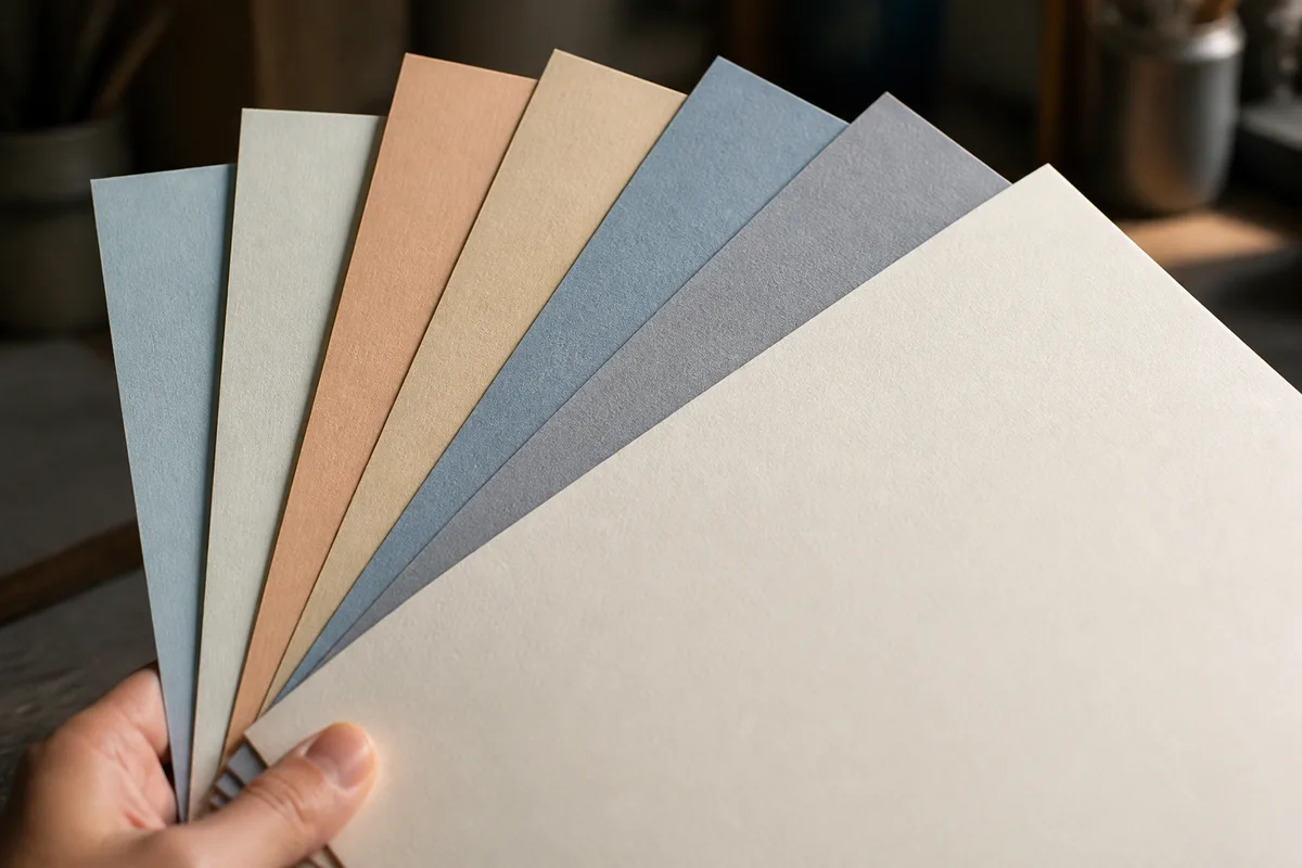 Pile de feuillets vierges colorés déployés en éventail sur un plan de travail d&rsquo;atelier