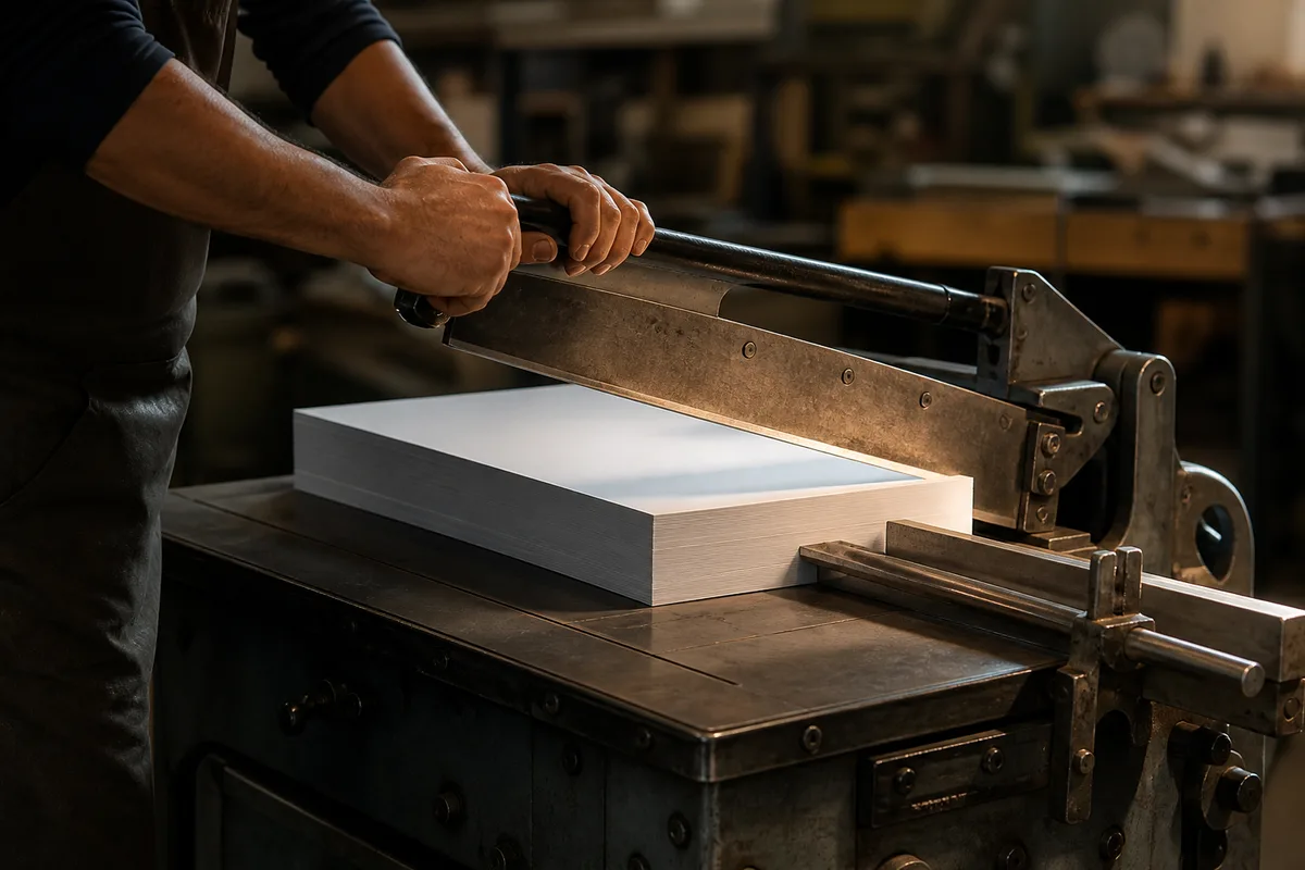 Massicot d&rsquo;atelier découpant une rame de feuilles vierges sous une lumière rasante