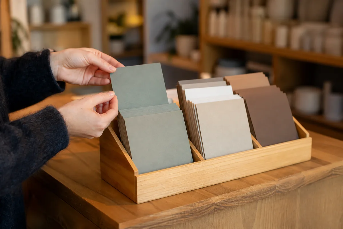 Présentoir de comptoir en bois garni de cartons unis dans une boutique de quartier