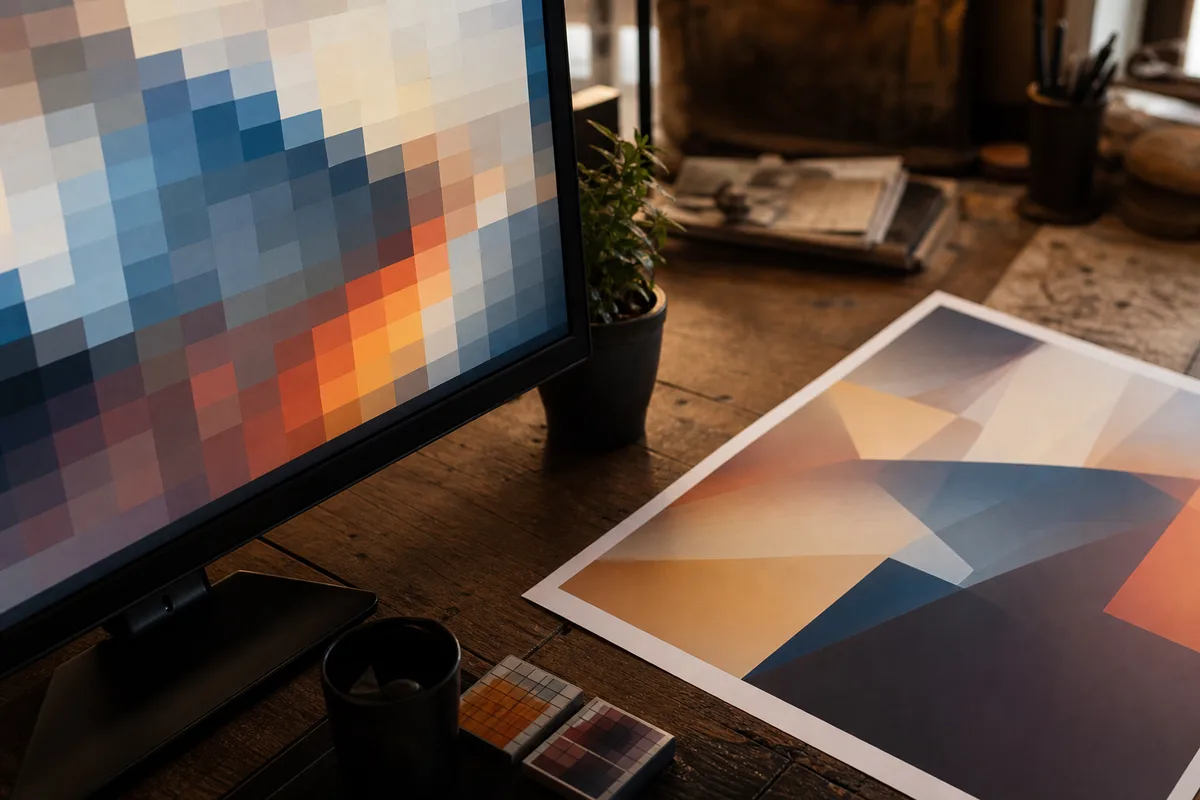 Écran affichant un agrandissement extrême de pixels à côté d&rsquo;une épreuve imprimée sur un bureau de prépresse