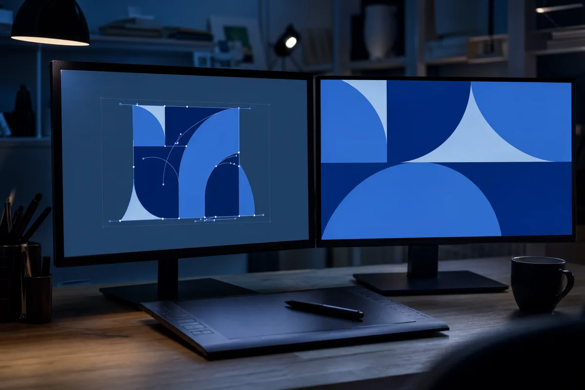 Poste de travail graphique montrant un logo vectoriel agrandi sans perte de netteté sur deux écrans