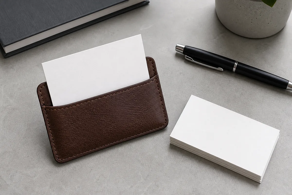 Cartes de visite vierges disposées sur un bureau d&rsquo;atelier avec un porte-cartes en cuir