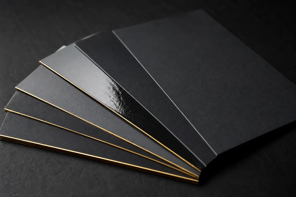 Cartes de visite présentant différentes finitions, pelliculage mat, vernis brillant et tranche dorée
