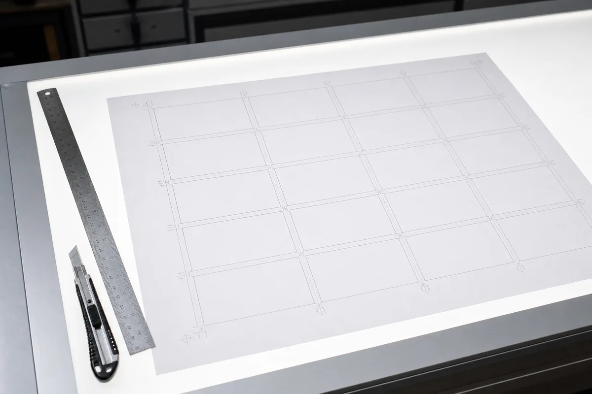 Planche de cartes de visite avec traits de coupe sur une table lumineuse, prête pour le massicot