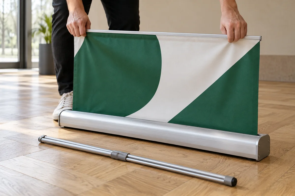 Mains tirant vers le haut la toile verte et blanche d’un roll-up hors de son pied posé sur un parquet clair