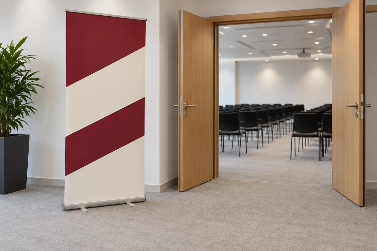 Kakémono enrouleur aux aplats bordeaux et crème dressé à l’entrée d’une salle de séminaire vide