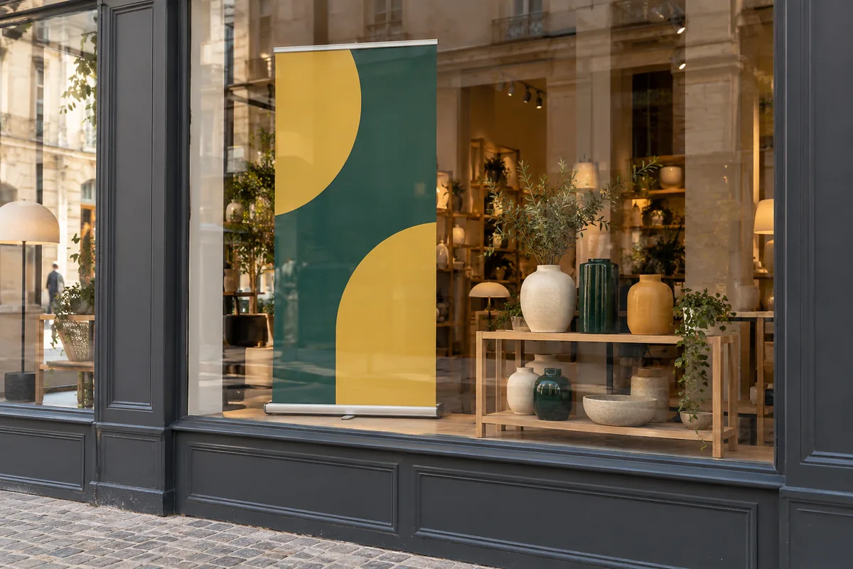 Roll-up aux aplats vert sapin et jaune vu depuis le trottoir derrière la vitrine d’une boutique